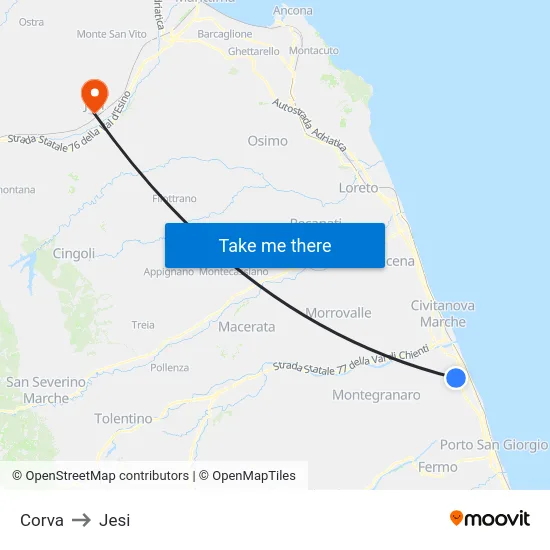 Corva to Jesi map