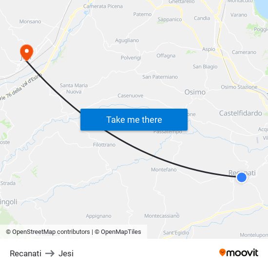 Recanati to Jesi map
