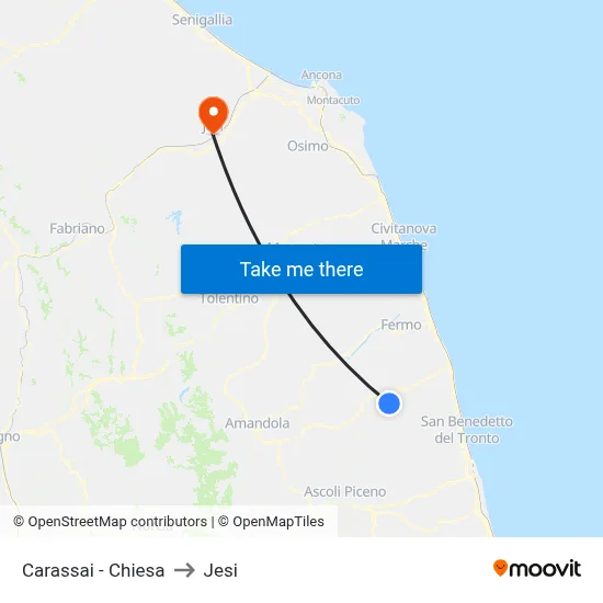 Carassai - Church to Jesi map