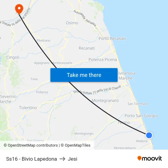 Highway 16 - Lapedona Junction to Jesi map