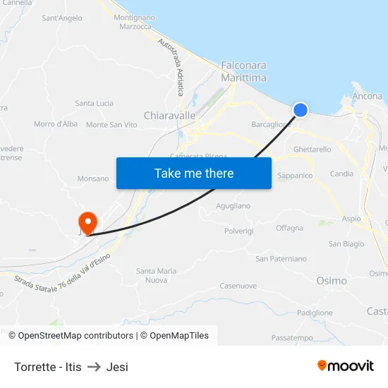 Torrette - Itis to Jesi map