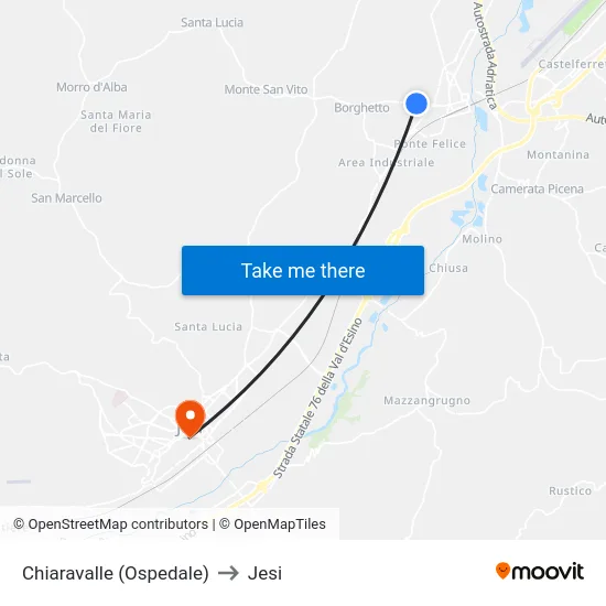 Chiaravalle (Ospedale) to Jesi map