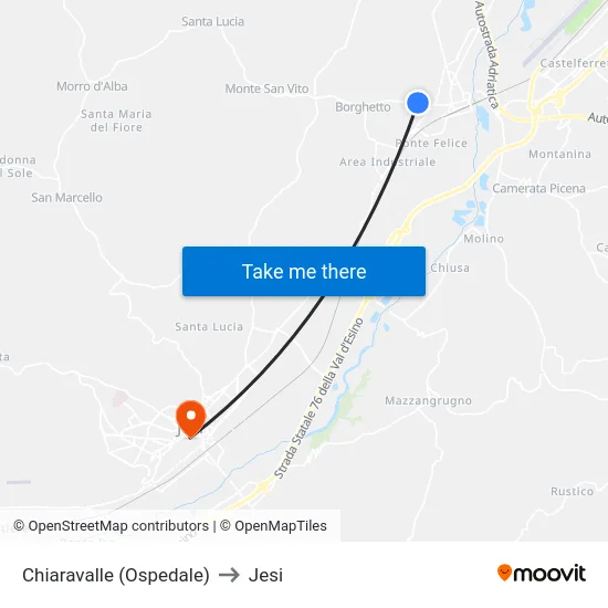 Chiaravalle (Ospedale) to Jesi map