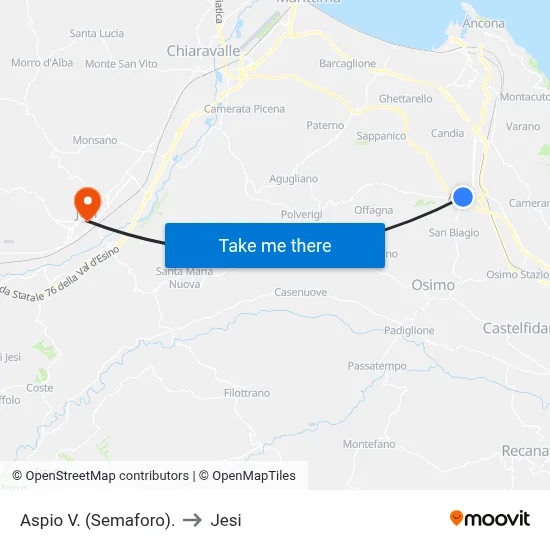 Aspio Valley (Traffic Light) to Jesi map