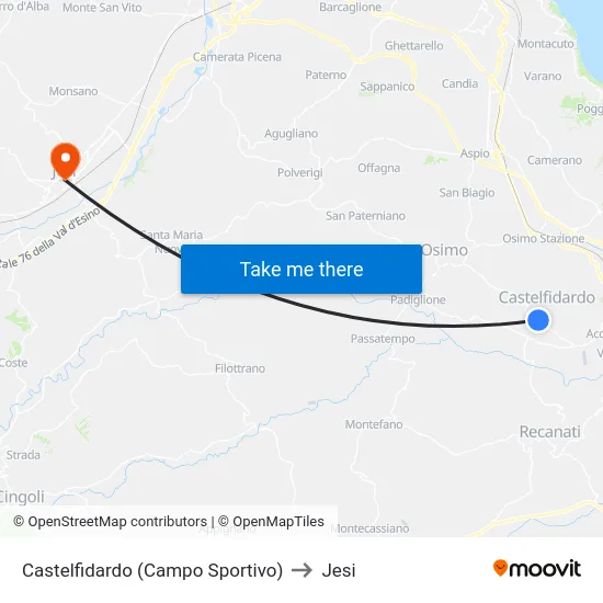 Castelfidardo (Campo Sportivo) to Jesi map