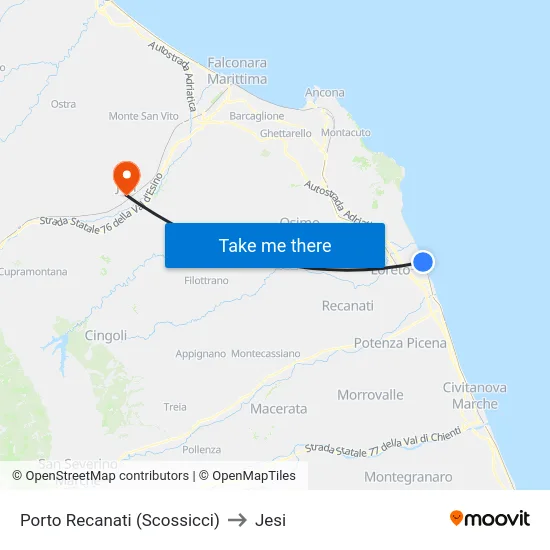 Porto Recanati (Scossicci) to Jesi map