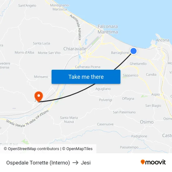 Ospedale Torrette (Interno) to Jesi map