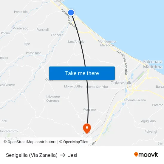 Senigallia (Via Zanella) to Jesi map