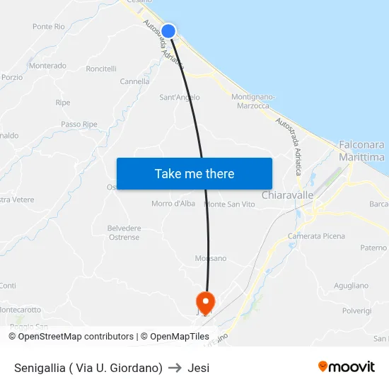 Senigallia (Via U. Giordano) to Jesi map