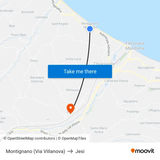 Montignano (Via Villanova) to Jesi map