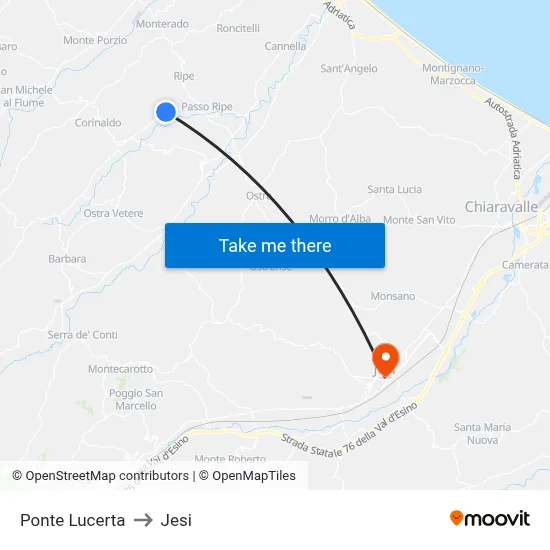 Ponte Lucerta to Jesi map