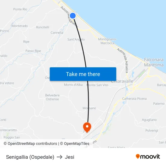 Senigallia (Ospedale) to Jesi map