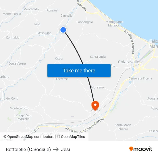 Bettolelle (Community Center) to Jesi map