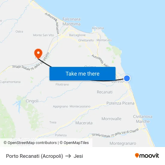 Porto Recanati (Acropoli) to Jesi map