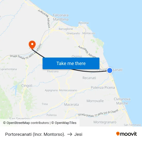 Portorecanati (Montorso Junction) to Jesi map