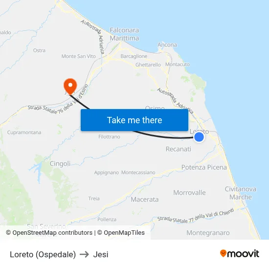 Loreto (Ospedale) to Jesi map