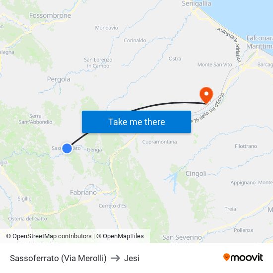 Sassoferrato (Via Merolli) to Jesi map