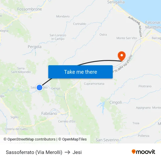 Sassoferrato (Via Merolli) to Jesi map