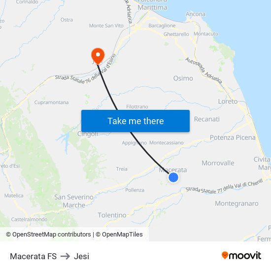 Macerata FS to Jesi map