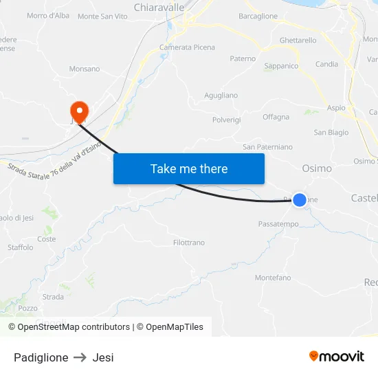 Padiglione to Jesi map