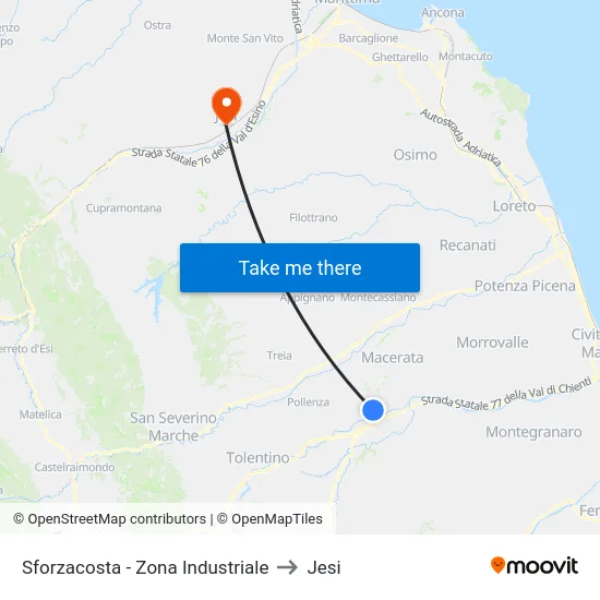 Sforzacosta - Zona Industriale to Jesi map