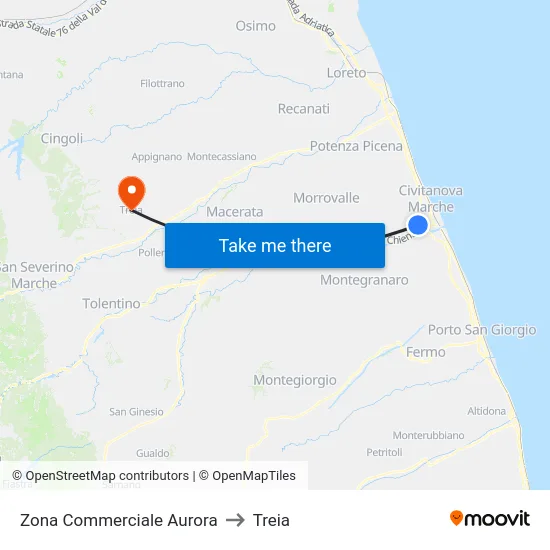 Zona Commerciale Aurora to Treia map