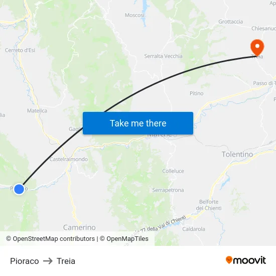 Pioraco to Treia map