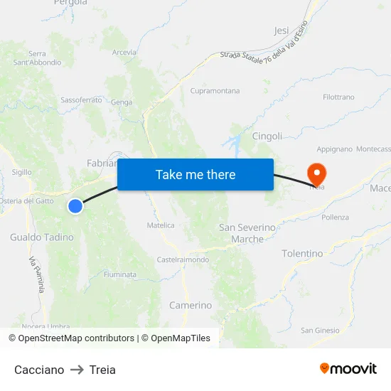 Cacciano to Treia map