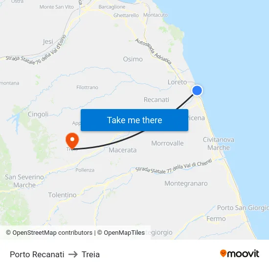 Porto Recanati to Treia map