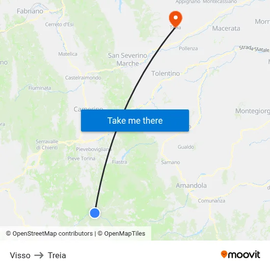 Visso to Treia map