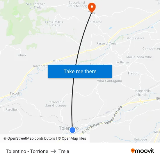 Tolentino - Torrione to Treia map