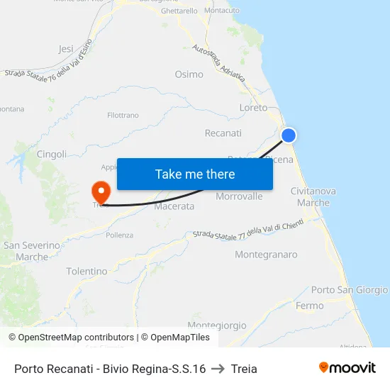 Porto Recanati - Bivio Regina-S.S.16 to Treia map