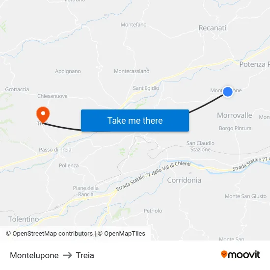 Montelupone to Treia map