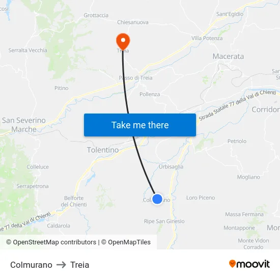 Colmurano to Treia map