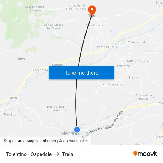 Tolentino - Ospedale to Treia map