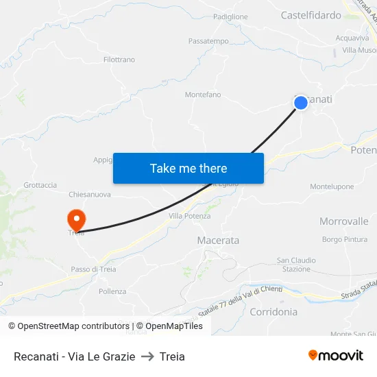 Recanati - Via Le Grazie to Treia map