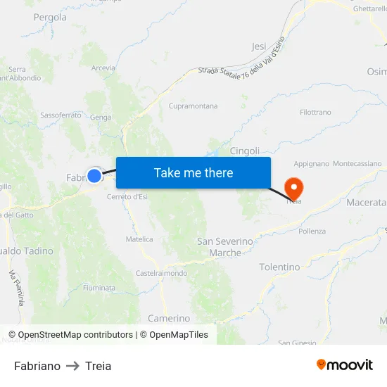 Fabriano to Treia map