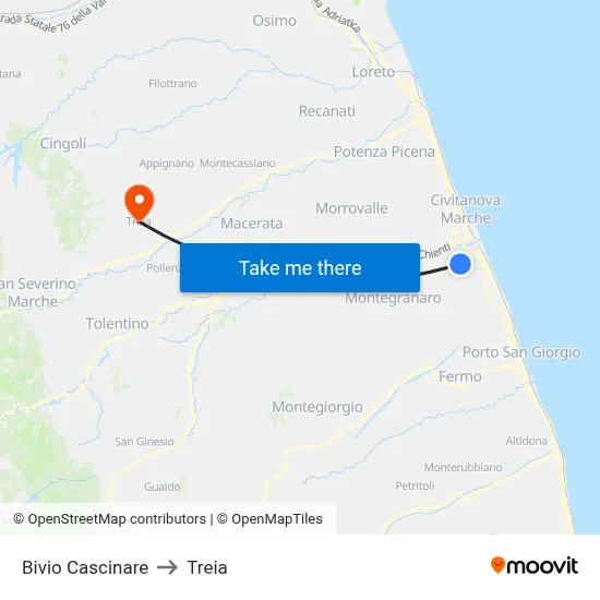 Cascinare Junction to Treia map
