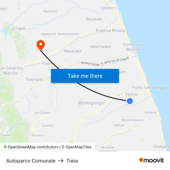 Autoparco Comunale to Treia map