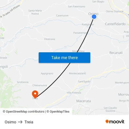 Osimo to Treia map