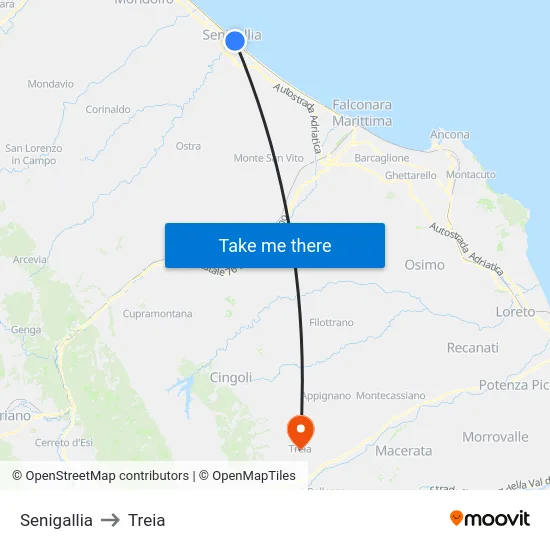 Senigallia to Treia map