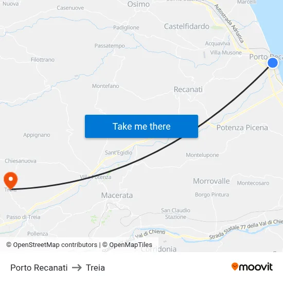 Porto Recanati to Treia map