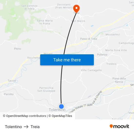 Tolentino to Treia map
