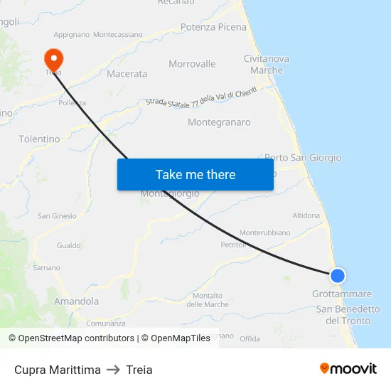 Cupra Marittima to Treia map