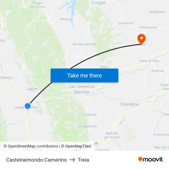 Castelraimondo-Camerino to Treia map