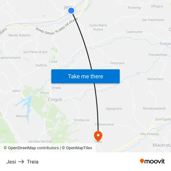 Jesi to Treia map