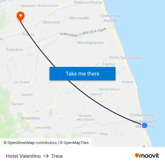 Hotel Valentino to Treia map