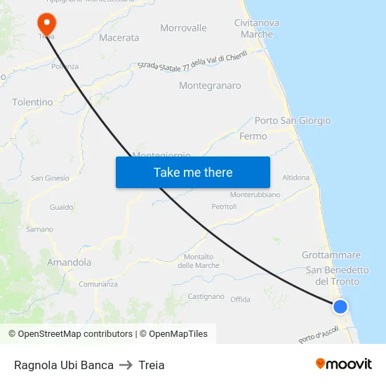 Ragnola Ubi Banca to Treia map