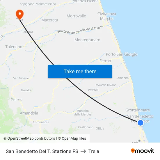 San Benedetto Del Tronto Train Station to Treia map