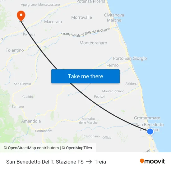 San Benedetto Del T. Stazione FS to Treia map